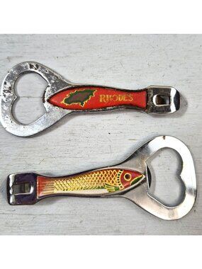 Vintage Bottle Openers Lot of 2 Fish Enamel Bell Korea Rhodes Souvenir Barware